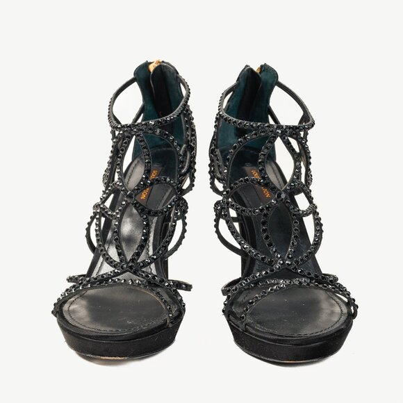 Louis Vuitton Tisha Crystal Studded Black Satin Cage Strap Heel Platform Sandal - Picture 2 of 10